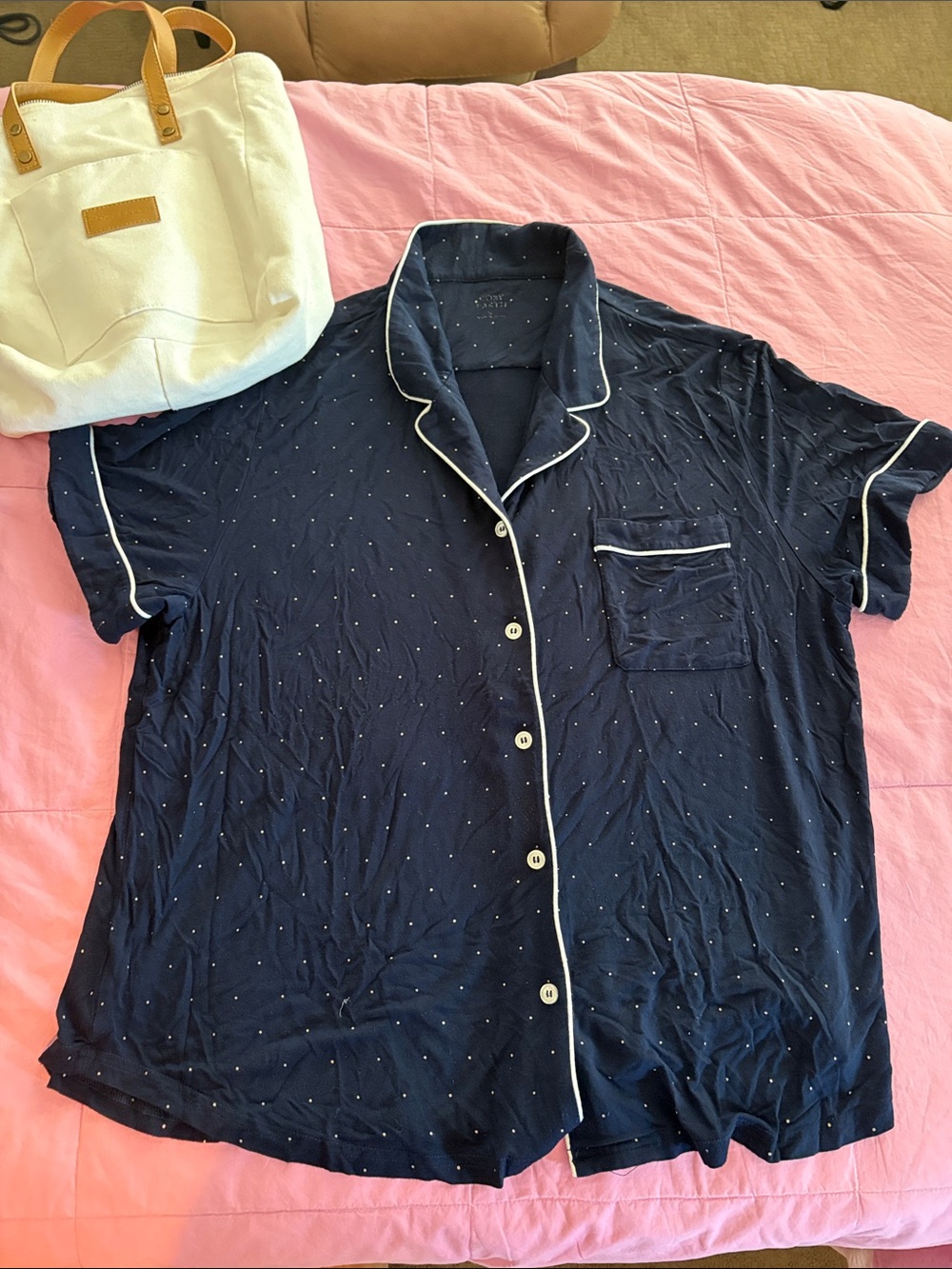Cozy Earth Medium Bamboo Stretch-Knit Pajama Top Navy Mini Dot M Tote Bag